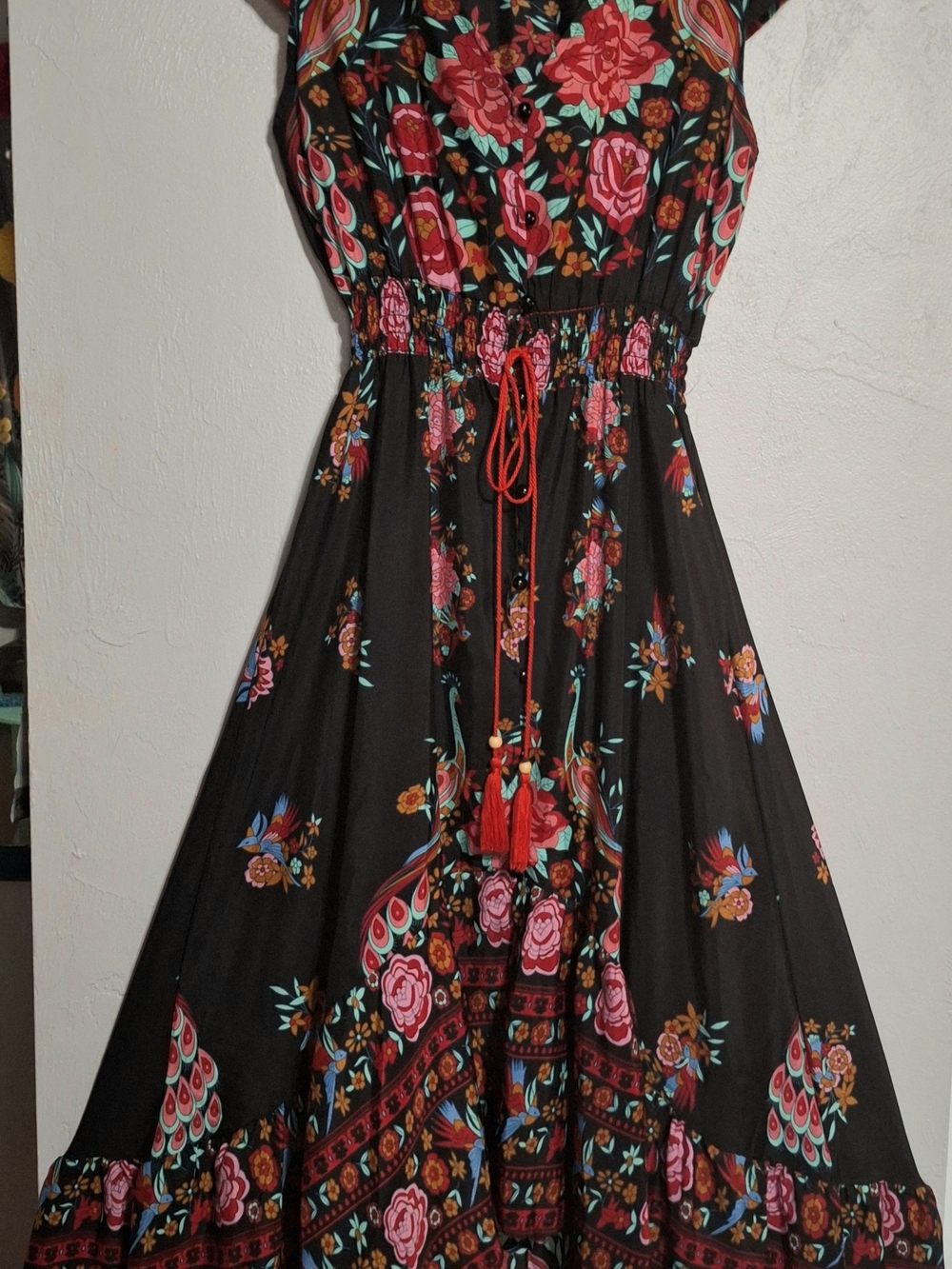 Black Maxi Dress with Red & Pink Floral & Peacock Print